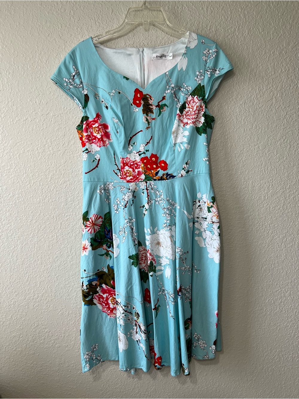 King Fancy Vintage Feel Teal Floral Fit & Flare Midi Dress Size Large 10-12